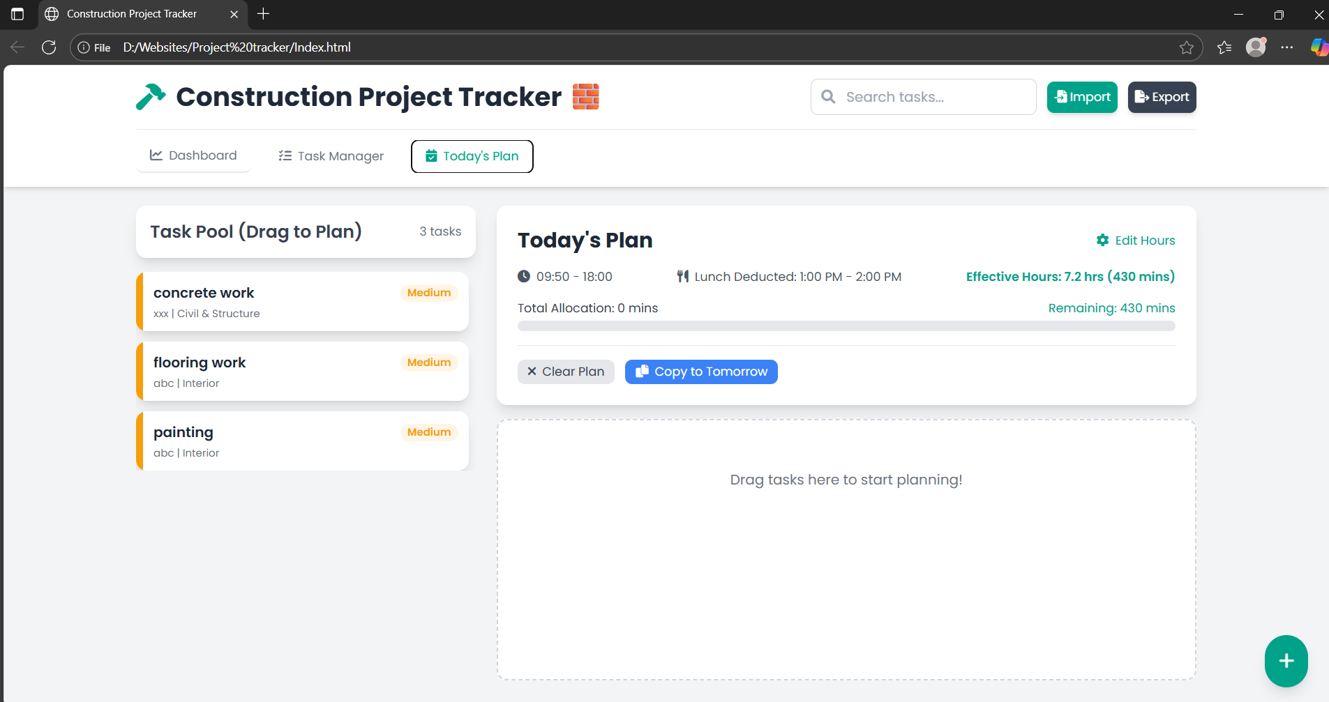 Today's Plan / Drag and Drop Tasks
